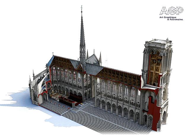 Eine 3-D-Ansicht von Notre-Dame als Aufriss: mit Blick in den Dachstuhl.