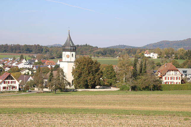 Das Landesdenkmalamt hat diese Ansicht: Das Ensemble von Kirche und Pfarrhaus in Markelfingen. Bild: Georg Becker