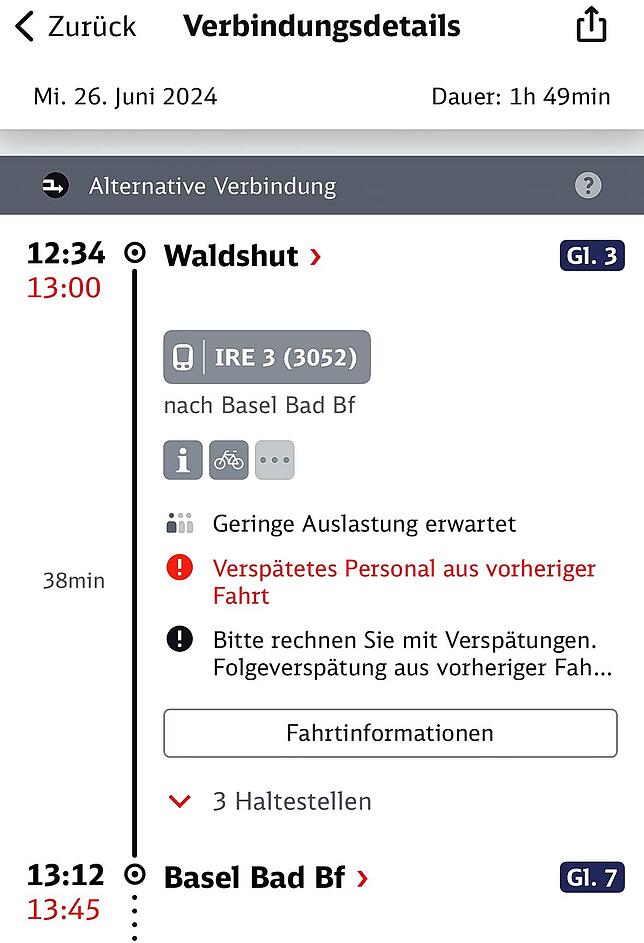 Nicht nur der Zug, auch das Personal kann sich durch eine vorherige Fahrt verspäten. (Screenshot vom 26.06.2024)