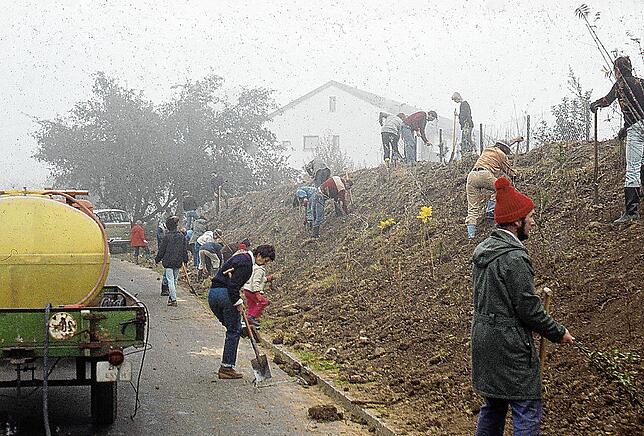 Tag der Hecke im Herbst 1985: Mitglieder des BUND Markdorf pflanzen neue Gehölze an.