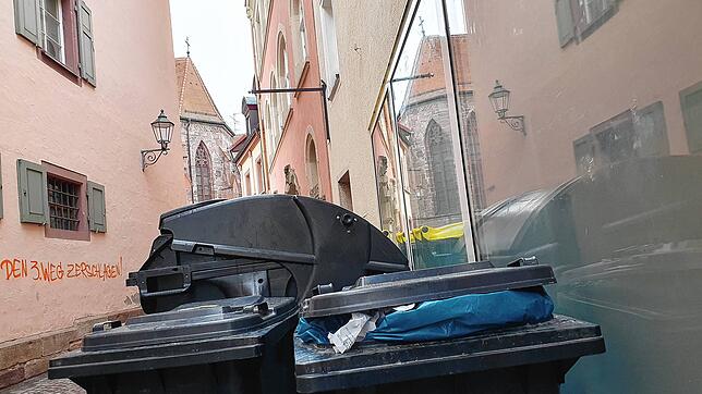 Um Situationen wie hier geht es: Die schmale Gasse zum Münsterplatz ist mit Mülleimern teils belegt. Der Gemeinderat will das nicht mehr ...