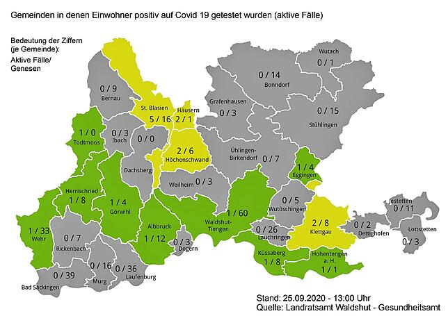 Aktive Sars-CoV-2-Infektionen und Genesene in den Städten und Gemeinden im Landkreis Waldshut am 25. September 2020.
