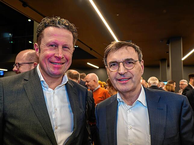 Daniel Hirt von der Gestalterbank und Andreas Renner, früherer OB von Singen und nun Leiter Politik, Wirtschaft und Gesellschaft beim ...