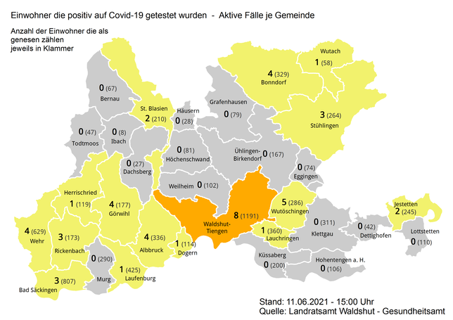 Corona-Infektionen und Genesene in den Städten und Gemeinden im Landkreis Waldshut am 11. Juni 2021.
