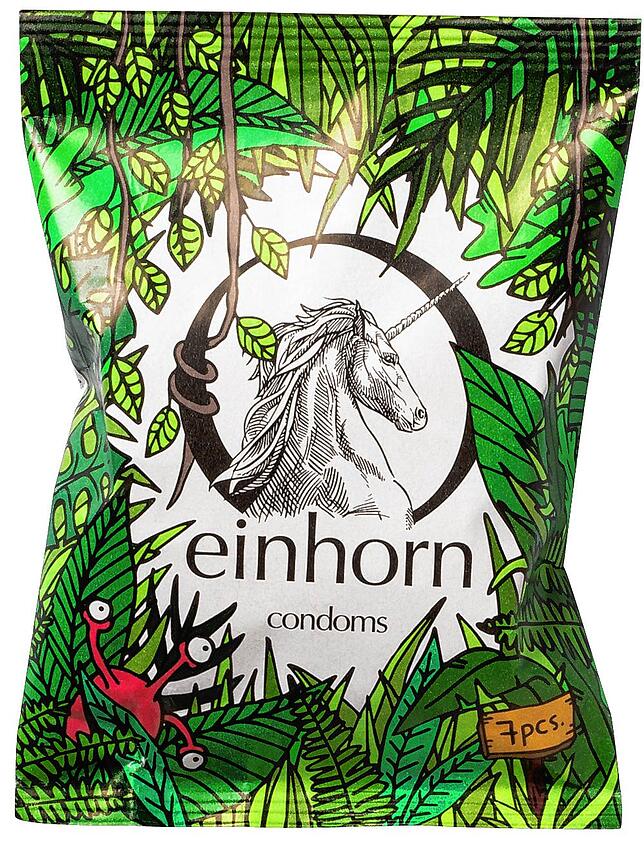 Auch die Kondome von Einhorn heben sich ab – sie kommen bunt und in einer Tüte verpackt daher.
