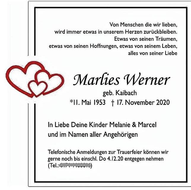 Die Todesanzeige von Marlies Werner – statt den Ort und die Uhrzeit der Beerdigung zu nennen, sollen sich die Menschen telefonisch ...
