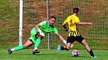 Eine gute Chance bot sich Mehmet Arif Sahin (rechts, TSV Konstanz) zur 1:0-Führung. Der gute Torhüter des SV Deggenhausertal, Erik ...