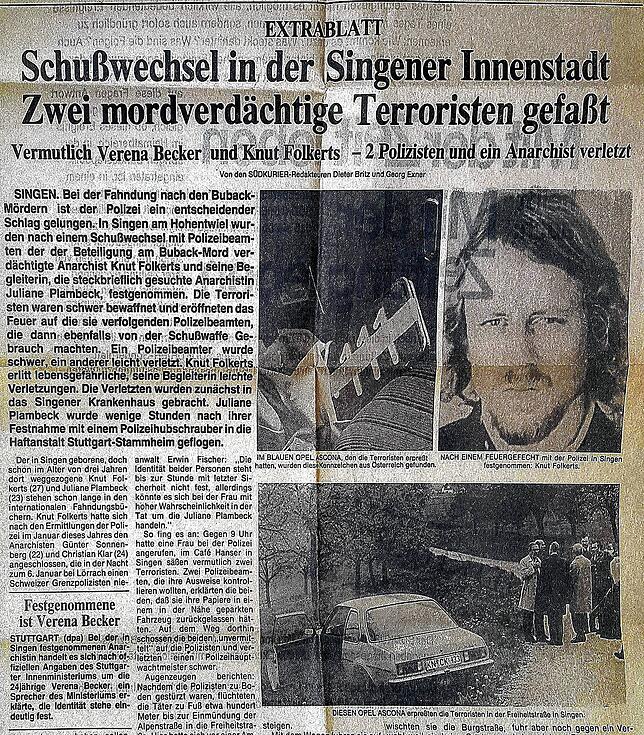 Ein Sonderblatt des SÜDKURIER vom Dienstag, 3. Mai 1977, herausgegeben wenige Stunden nach der Verhaftung der beiden Terroristen Verena ...