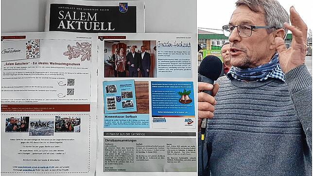 Links unten die Anzeige von Bernhard Straßer (Bild) in &bdquo;Salem aktuell&ldquo;, rechts in der Mitte außen die Anzeige der AfD.