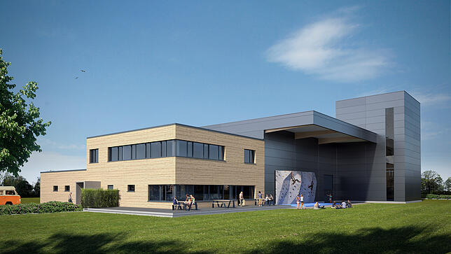 Ein Mix aus Holz, Beton, Metall und Alu. So soll die neue Kletter- und Boulderhalle aussehen.