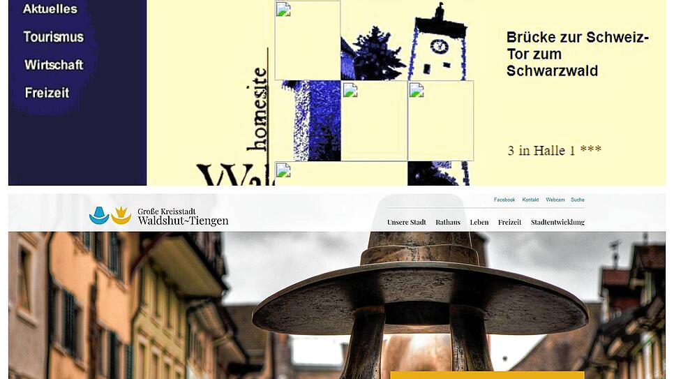 Die Homepage der Stadt Waldshut-Tiengen Ende der 1990er-Jahre und aus dem Jahr 2021.