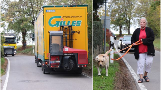 Links: Zwei Lastwagen versuchen auf der Straße Zum Postbühl aneinander vorbeizukommen. Rechts: Anwohnerin Lioba Kästle mit ihrem Hund an ...