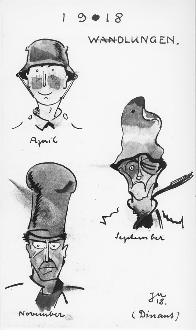Drei Kopfbedeckungen sieht Zeichner Viktor Mezger im Lauf des Jahres 1918: den Stahlhelm bei der Offensive im April. Der Helm hat im ...