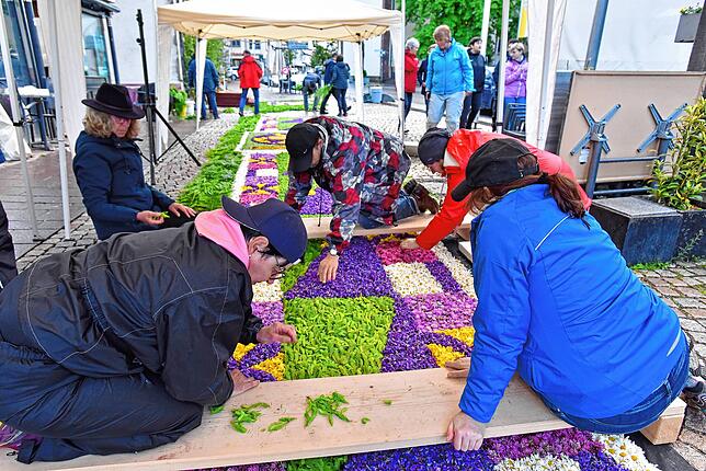 Bild 27: Hüfinger feiern ihr Fronleichnamsfest auch mit stark verkürzten Blumenteppichen
