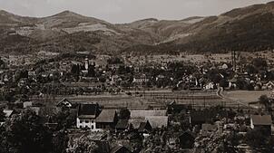 Blick über das Enkendorf zu Beginn der 1930er-Jahre: im Vordergrund das Enkendörfer Storchehus mit seinen markanten Treppengiebeln.