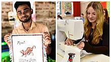 Dilan aus Sri Lanka zeigt eine Fahne mit einem Motiv der Villinger Katzenmusik. Viktoria Hall arbeitet konzentriert an der Nähmaschine, ...