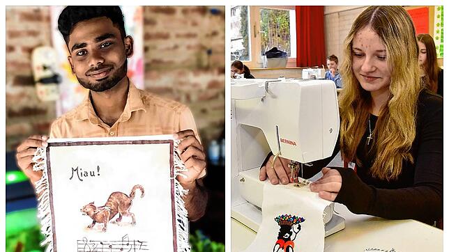 Dilan aus Sri Lanka zeigt eine Fahne mit einem Motiv der Villinger Katzenmusik. Viktoria Hall arbeitet konzentriert an der Nähmaschine, ...