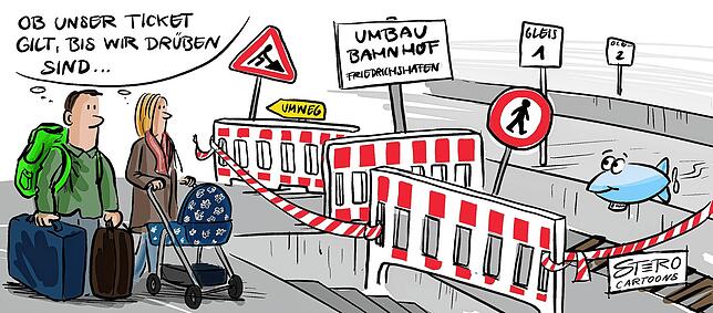 Erlebnisparcours am Stadtbahnhof Friedrichshafen: Wer von hier verreisen will, muss ausreichend Zeit mitbringen.