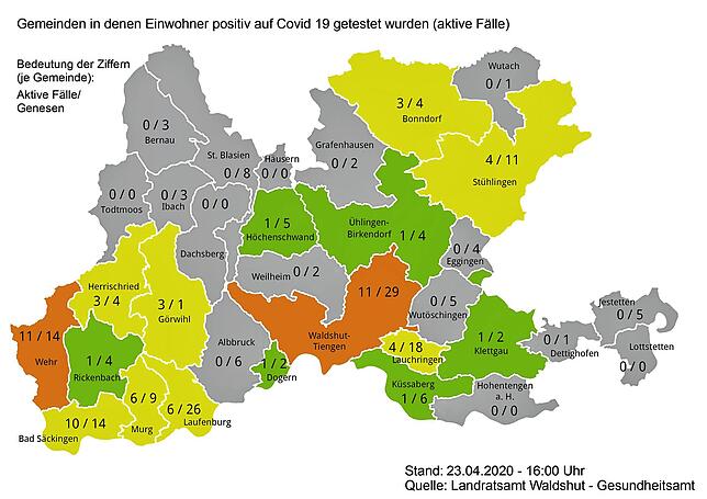 Zahl der bestätigten Corona-Infektionen und der Genesenen in den Städten und Gemeinden im Kreis Waldshut am 20. April 2020.