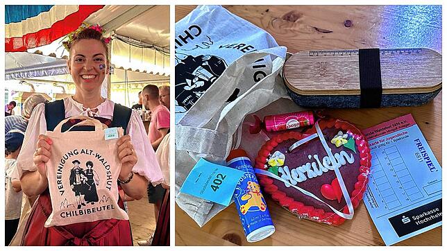 Annika Urban, Vorsitzende der Vereinigung Alt-Waldshut, zeigt, was in den Beuteln der 556. Chilbi für die Kinder alles drin ist.