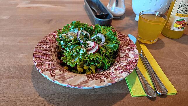 Der Vorspeisensalat enthält viel grünen Salat, doch darunter stecken auch Kartoffeln, Mais, Kidneybohnen und Weiß- sowie Rotkraut.