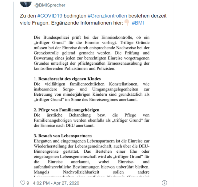 Der Screenshot zeigt den Tweet eines Sprechres des Bundesinnenministeriums, in dem die Ausnahmen beim Einreiseverbot in die ...