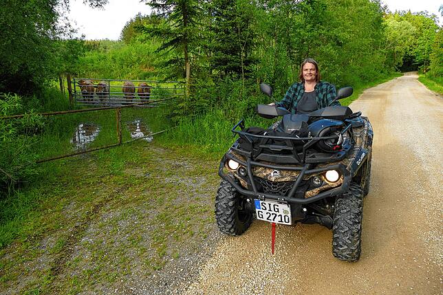 Sabine Reiter betreibt Landschaftspflege an den Sauldorfer Seen unter anderem mit Aubrac-Rindern (links hinter dem Gatter).