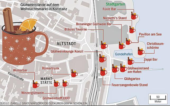 Eine Übersicht der Glühweinstände am Konstanzer Weihnachtsmarkt. Zwar verändern sich immer mal wieder Standnamen, mache Stände stehen ...