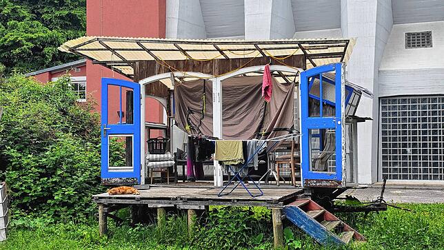 Das Glashaus vor dem denkmalgeschützten Heizhaus: Ein schöner Platz zum Entspannen – findet auch Kater Charly, der vorne links ein ...