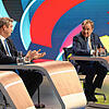 Armin Laschet (CDU), Kanzlerkandidat der Union, und CSU-Chef Markus Söder sitzen im Wahlstudio des ZDF bei der &bdquo;Berliner ...