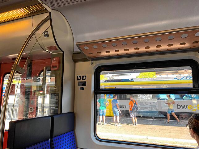 Auf der Rückfahrt: Blick aus der Regionalbahn nach Singen. Gegenüber steht noch der IRE, der von Basel gekommen ist.
