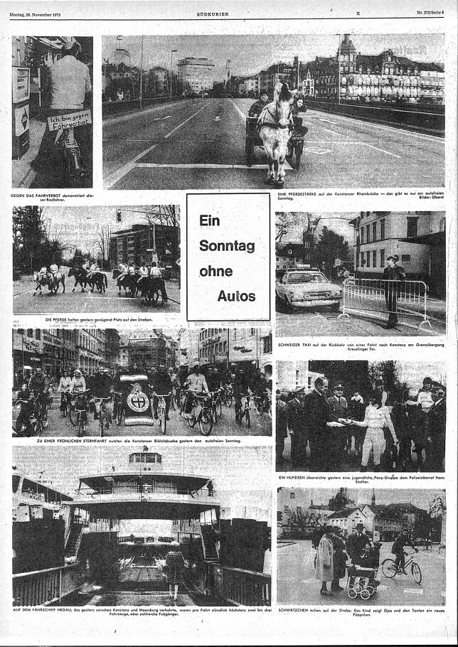 Eine Bilder-Seite zum autofreien Sonntag gab es am 26. November 1973 nach dem ersten autofreien Sonntag im SÜDKURIER.