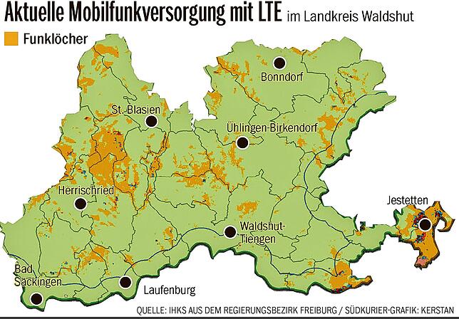 Bild 1: Frust im Funkloch entlang des Hochrheins: Wo es auf der Karte überall weiße Flecken gibt