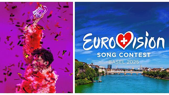 Nemo aus der Schweiz streckt bei der Siegerehrung im Finale des Eurovision Song Contest (ESC) 2024 den kaputten Pokal in die Höhe. 2025 ...