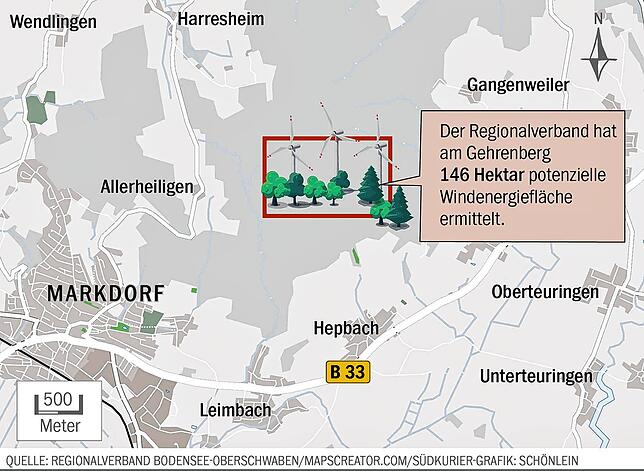 Diese Fläche für Windkraft hat der Regionalverband in seine Planungen aufgenommen. Von der Markdorfer Innenstadt her wären Windräder ...