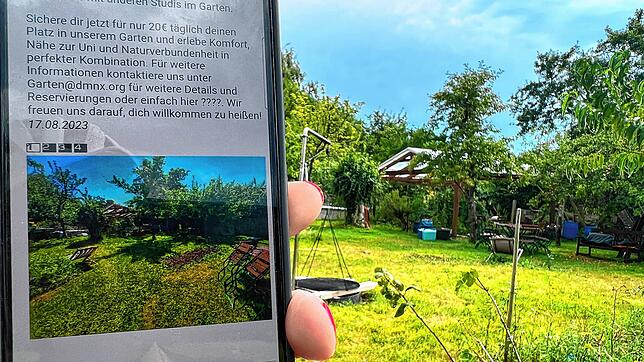 Das ist der Garten, der in der Anzeige als Campingplatz beworben wird. Er ist in unmittelbarer Nähe zum Friedhof im Konstanzer Stadtteil ...