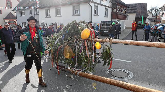 Bild 8: Seenarrentreffen in Dettingen: Auf dem Dorfplatz steht jetzt der Narrenbaum