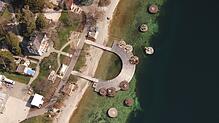 Die Schwimmenden Gärten der Landesgartenschau in Überlingen aus der Luft. Vorerst bleiben die Tore zur LGS noch geschlossen.
