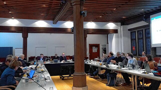 Steht im Weg: Oberbürgermeister Uli Burchardt (links neben der Säule) stört sich an der in der Mitte des Ratssaales befindlichen Säule. ...