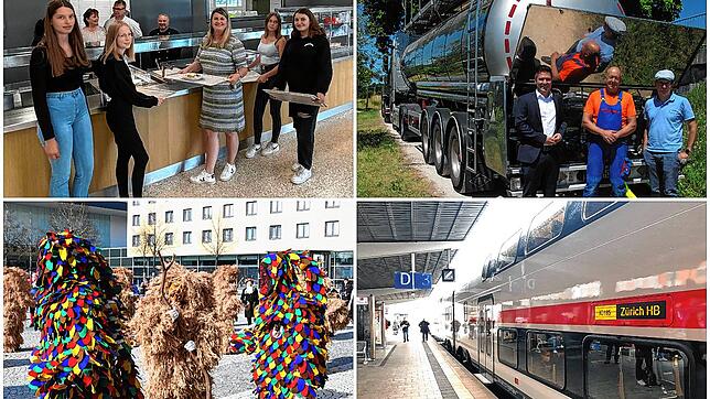 Die neue Mensa in Gottmadingen, Wasserknappheit, die Gäubahn und die Singemer Fasnet (von links oben im Uhrzeigersinn): Unter anderem um ...