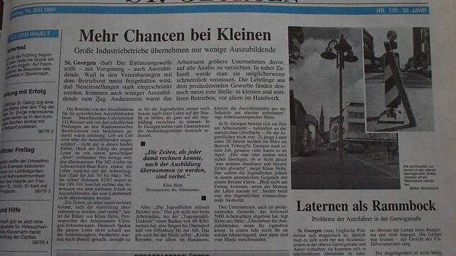 Im Zuge der Entlassungswelle in produzierenden Unternehmen im Arbeitsamtsbezirk Triberg/St. Georgen trifft es vor 25 Jahren die ...