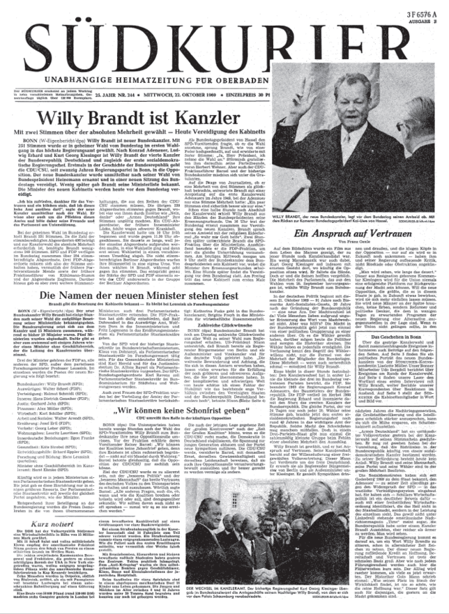 SÜDKURIER-Titelseite am Mittwoch, 22. Oktober 1969.