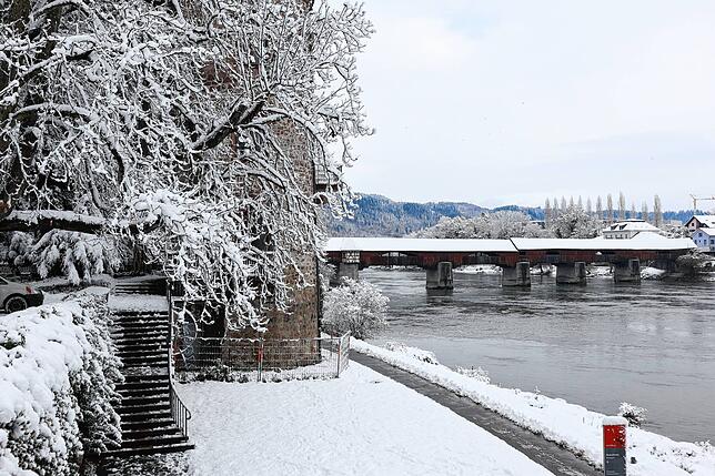 Schneelandschaft am Rhein bei der Holzbrücke.