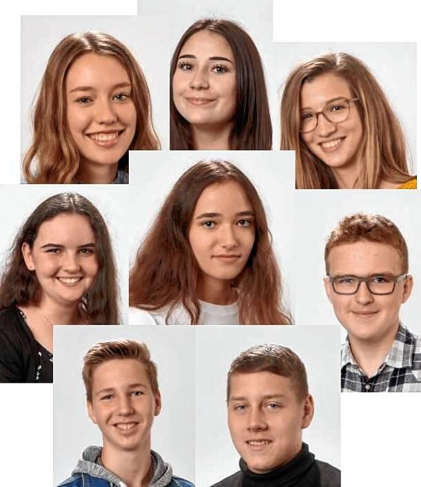 Stolze Preisträger des Schülerwettbewerbs, in der Mitte: Marlen Glatt (10a/zweiter Preis), im Uhrzeigersinn von links oben: Emma Wagner ...