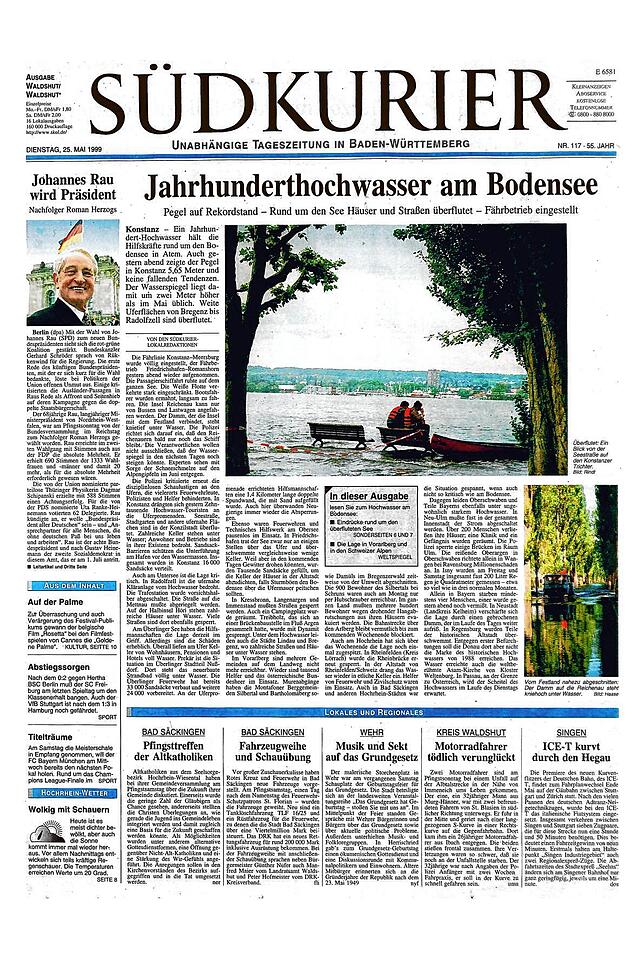Land unter am Bodensee: Die SÜDKURIER-Titelseite vom 25. Mai 1999 zum Jahrhunderthochwasser am Bodensee.