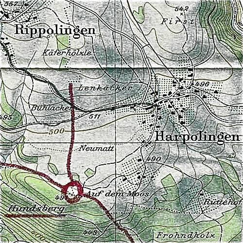 Beim bereits 1467 nachgewiesenen Grenzstein auf dem Hundsberg treffen heute die Gemarkungen Säckingen, Rippolingen und Harpolingen ...