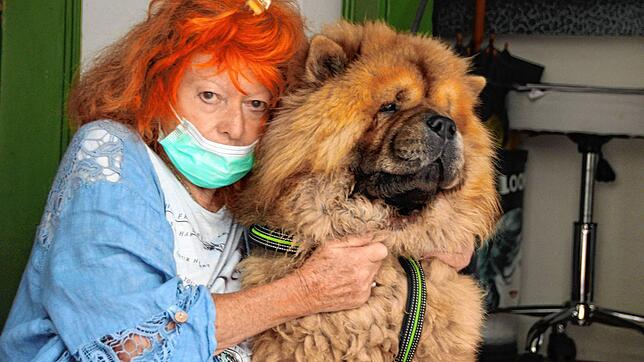 Ilka Singer und ihr Hund vor dem Eingangsbereich des Salons. Der liebenswerte und zutrauliche Vierbeiner dient gemäß ihrer Aussage als ...