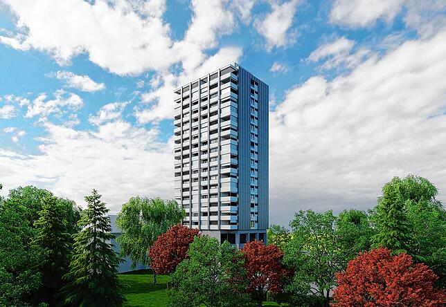 Diese Visualisierung zeigt, wie das Kreuzlinger Hochhaus nach der Kernsanierung aussehen soll.