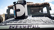 Der Rheinmetall-Schriftzug auf einem gepanzerten Fahrzeug. In Stockach, Meckenbeuren und Markdorf hat das Düsseldorfer Unternehmen ...