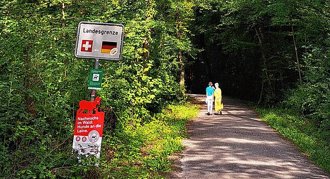 Von Deutschland in die Schweiz: Auf dem Weg zum Chrischona-Turm geht es über die Grenze.